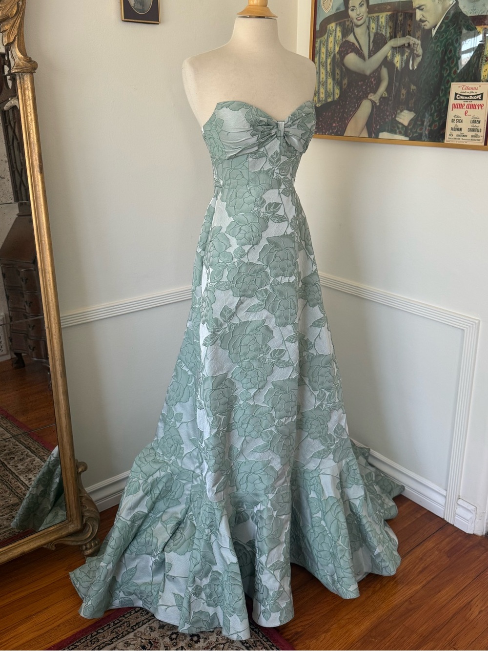 Azazie Blue Floral Jacquard Strapless Gown